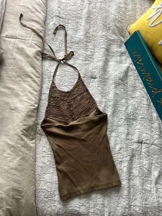 FP One Crochet Halter Knit Tank Top - Brown/Khaki Color - Picture 2 of 3